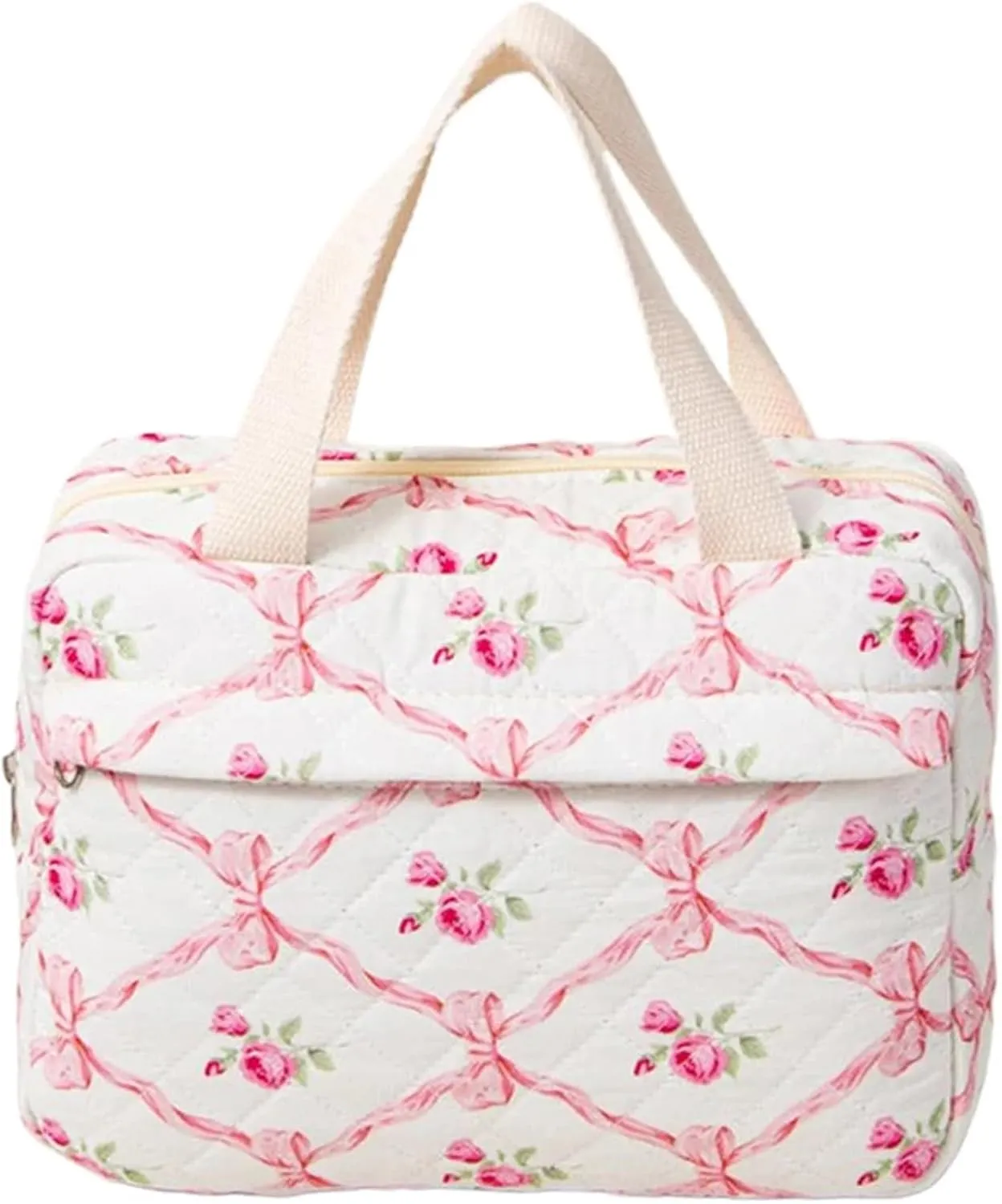 makeup bag Cotton Quilted Cosmetic Handbag Floral Makeup Bag Travel Zipper Toiletry Bag Large Capacity Toiletry Handbag for Women Organizer(Pink Bowtie)