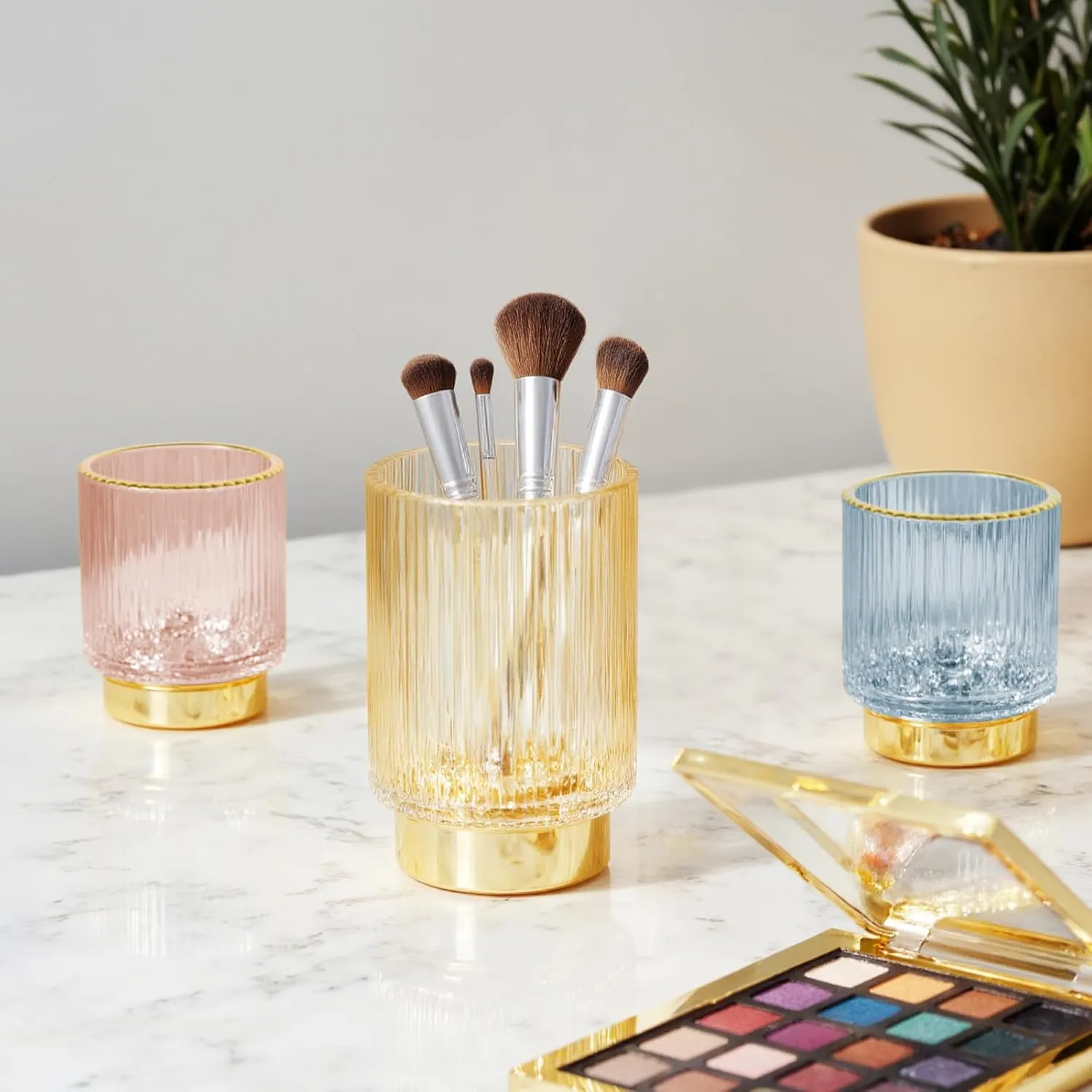 Makeup Brush holder Organizer, Crystal Glass Toothbrush Holders, Striped Make Up Brush Holder for Vanity, Pen Holder for Desk, Vase -Pink (S L)