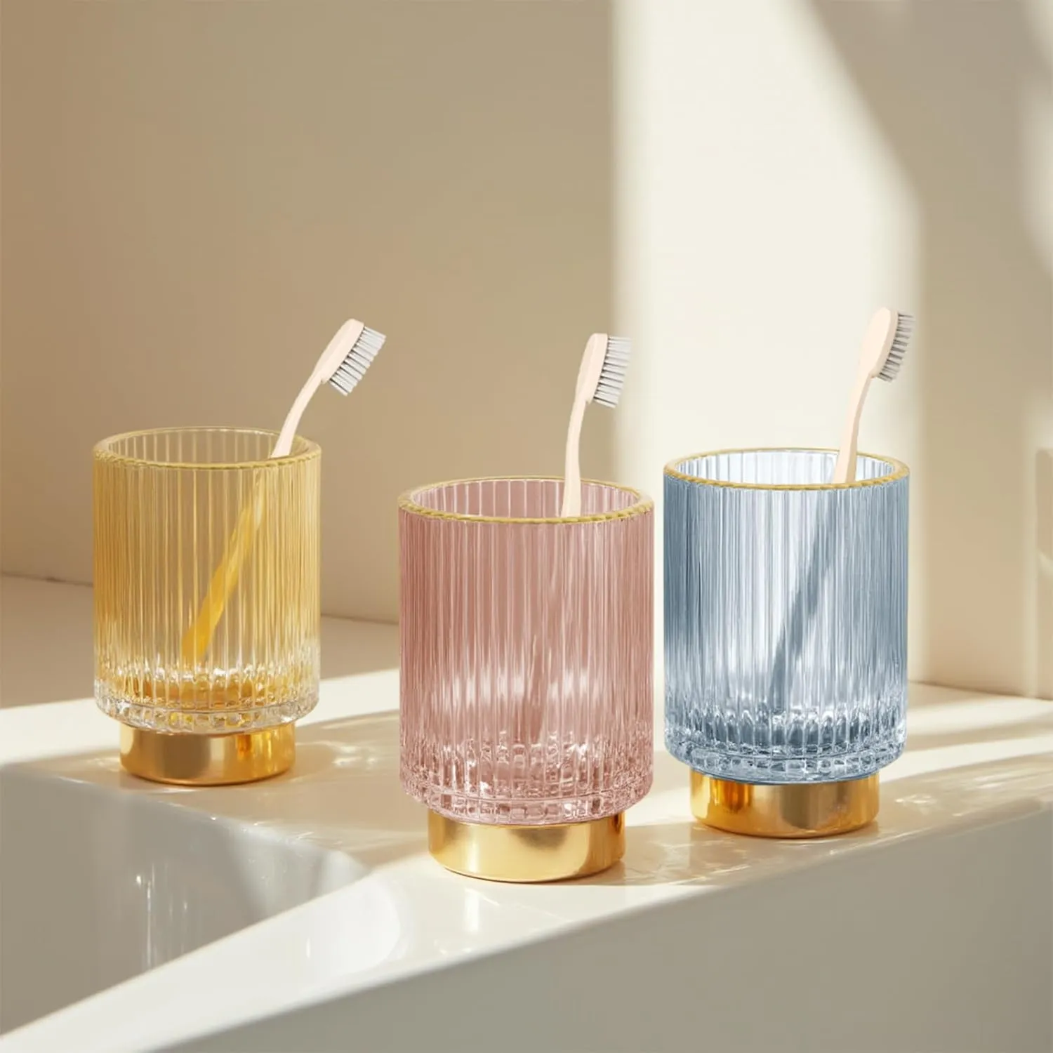 Makeup Brush holder Organizer, Crystal Glass Toothbrush Holders, Striped Make Up Brush Holder for Vanity, Pen Holder for Desk, Vase -Pink (S L)