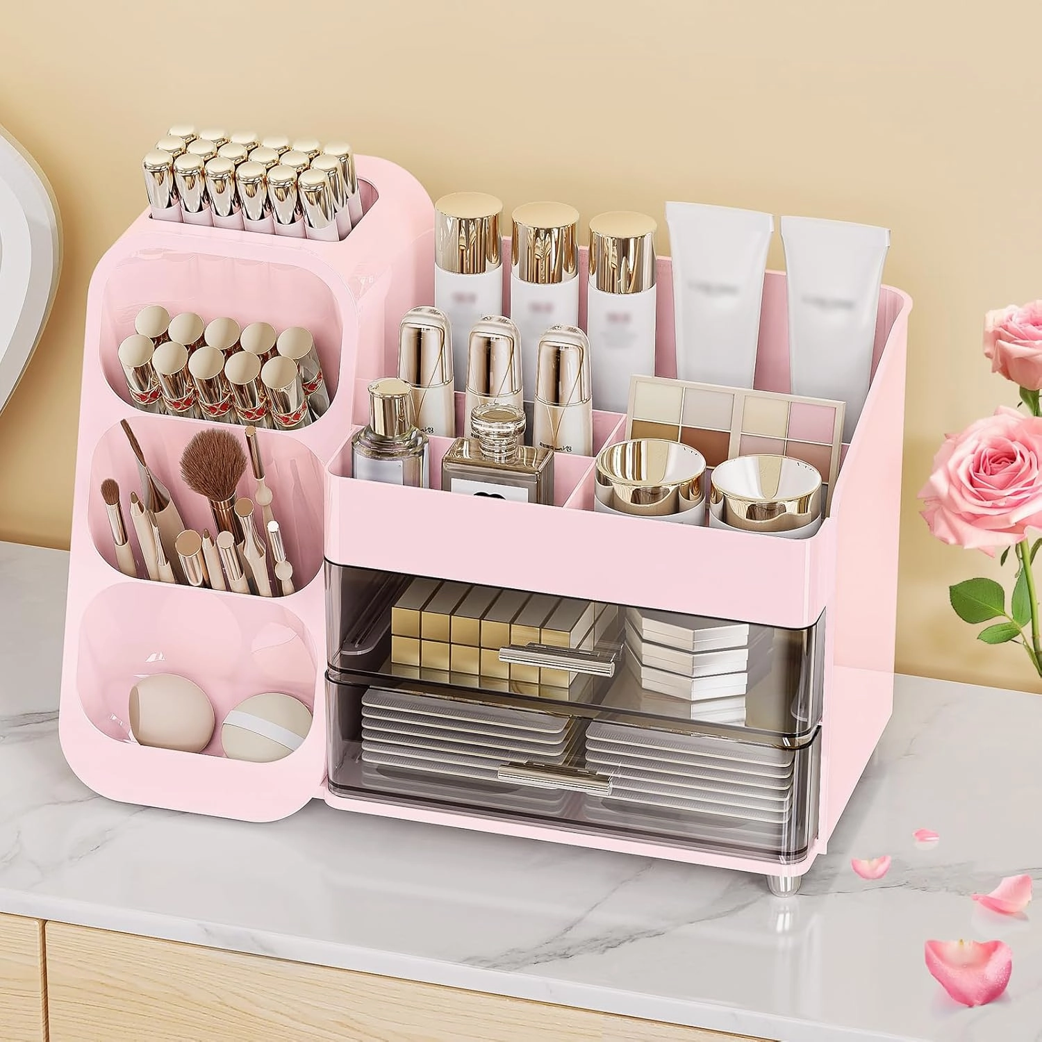 Makeup Organizer with Drawers, Skincare Organizer (Large Size Thick), Storage Box Cosmetic Display Cases, Make up Organizers for Vanity, Dresser, Desk, Kitchen, Countertop (Pink)