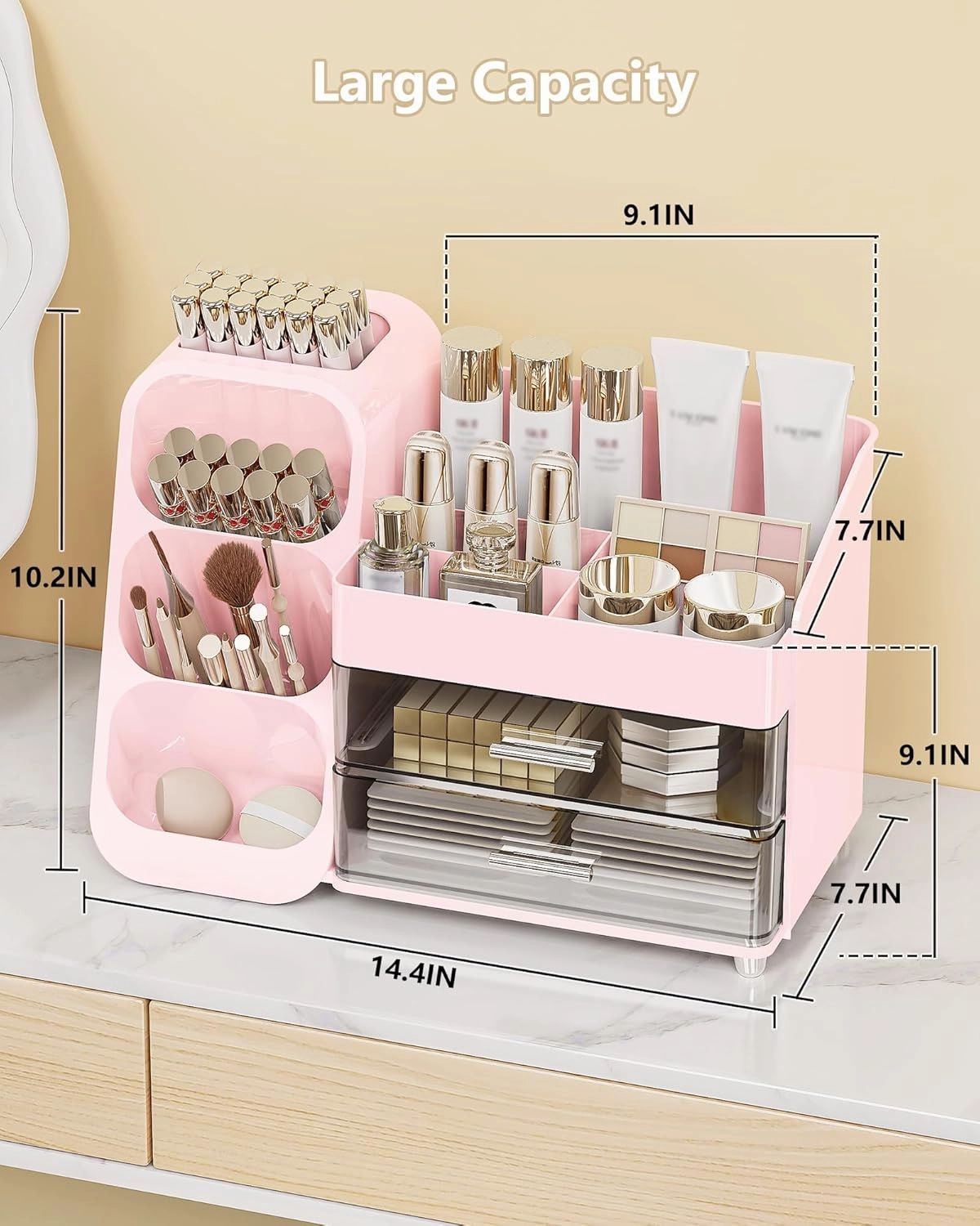 Makeup Organizer with Drawers, Skincare Organizer (Large Size Thick), Storage Box Cosmetic Display Cases, Make up Organizers for Vanity, Dresser, Desk, Kitchen, Countertop (Pink)
