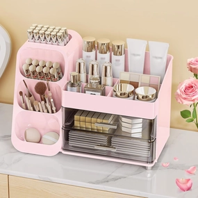 Makeup Organizer with Drawers, Skincare Organizer (Large Size Thick), Storage Box Cosmetic Display Cases, Make up Organizers for Vanity, Dresser, Desk, Kitchen, Countertop (Pink)