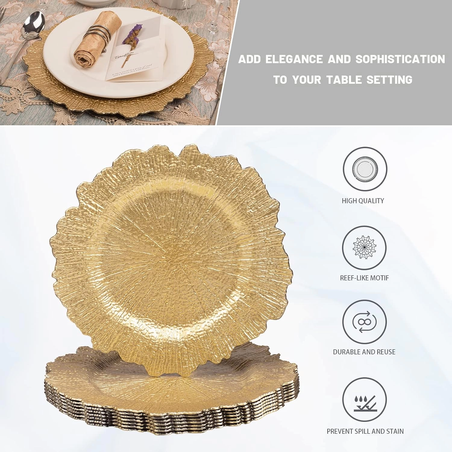MAONAME 13" Gold Charger Plates Set of 8, Round Reef Chargers for Dinner Plates, Plastic Plate Chargers for Table Setting, Wedding Decor