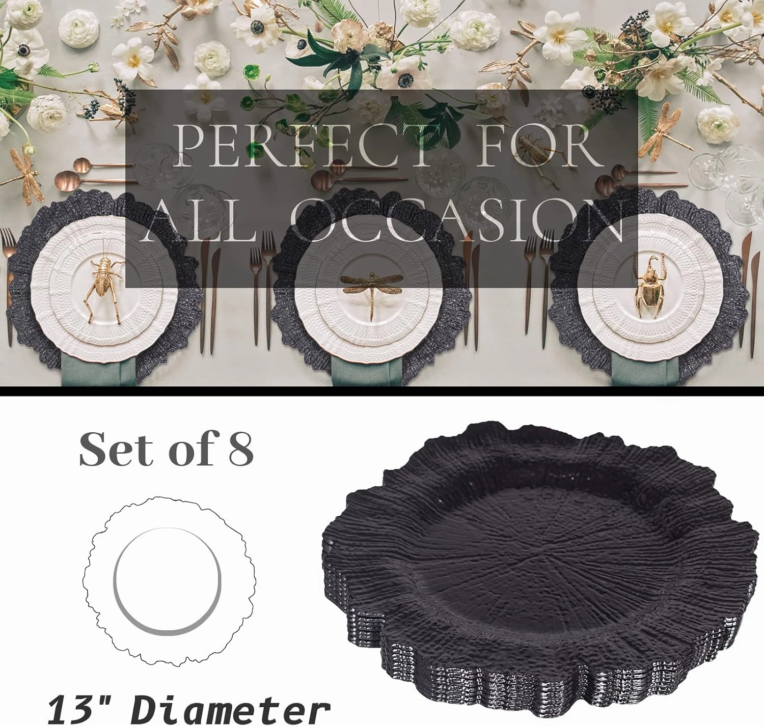 MAONAME 13" Round Black Charger Plates Set of 8, Reef Chargers for Dinner Plates, Plastic Plate Chargers for Wedding, Table Decor