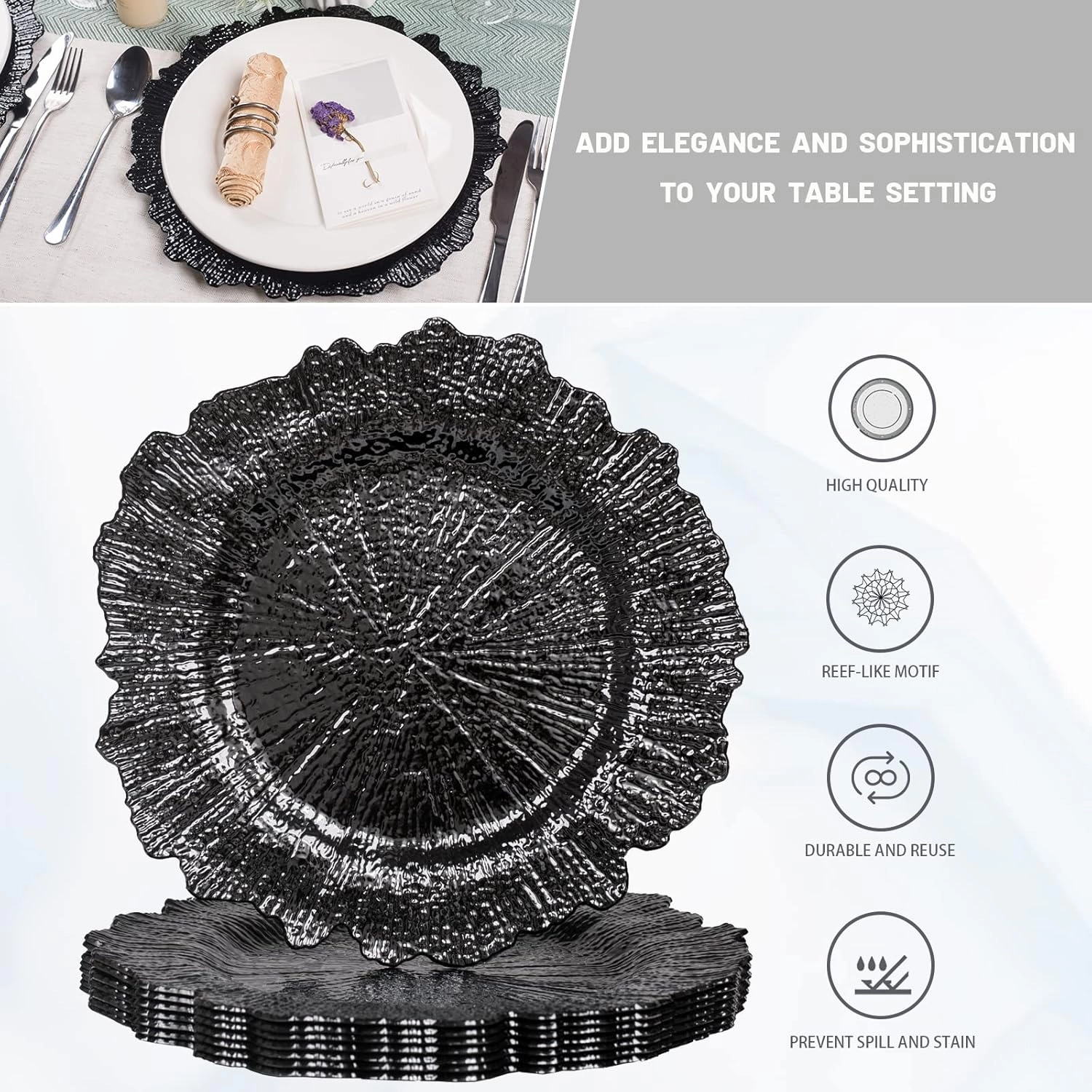 MAONAME 13" Round Black Charger Plates Set of 8, Reef Chargers for Dinner Plates, Plastic Plate Chargers for Wedding, Table Decor