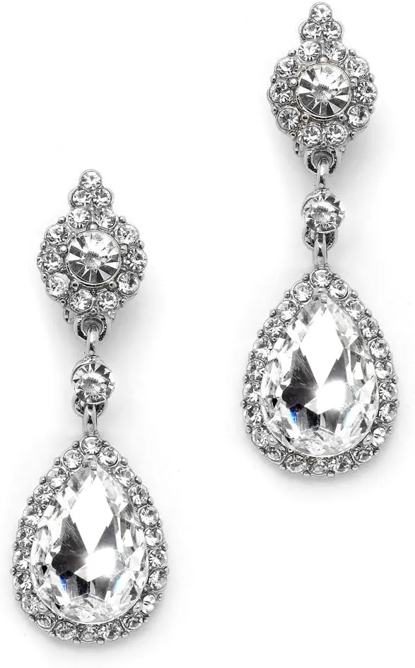 Mariell Clip-On Bridal and Prom Earrings for Brides with Crystal Teardrop Dangles - Large Non-Pierced Silver Chandelier Earring for Weddings, Homecoming