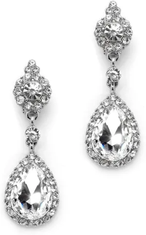 Mariell Clip-On Bridal and Prom Earrings for Brides with Crystal Teardrop Dangles - Large Non-Pierced Silver Chandelier Earring for Weddings, Homecoming