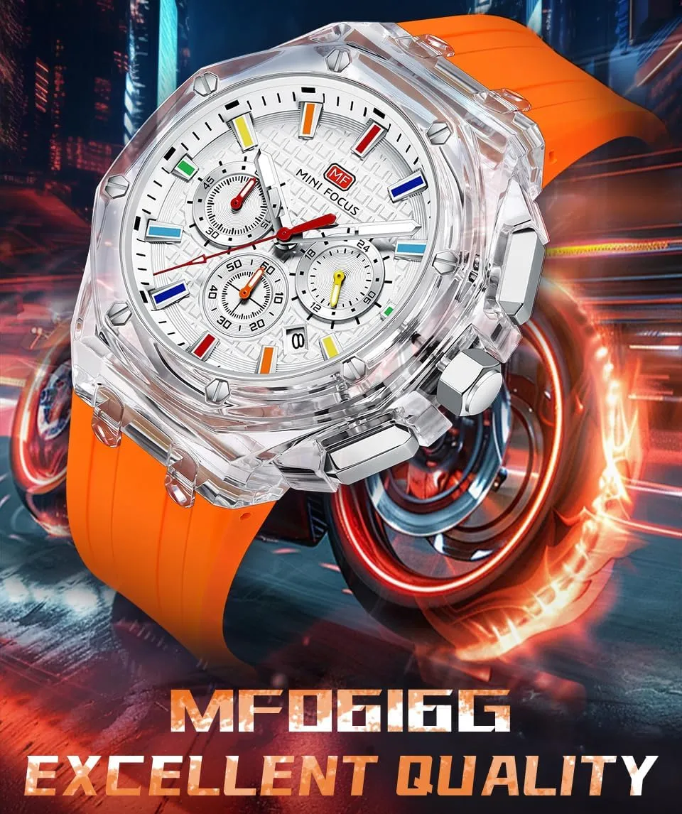 MASTOP Men Watches Multifunction Transparent Analog Display Orange Silicone Strap Calendar Chronograph Luminous Quartz Waterproof Trend Wrist Watches for Men Colorful Cool Dress Watch
