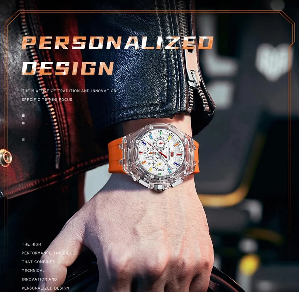 MASTOP Men Watches Multifunction Transparent Analog Display Orange Silicone Strap Calendar Chronograph Luminous Quartz Waterproof Trend Wrist Watches for Men Colorful Cool Dress Watch