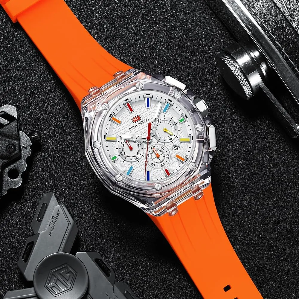 MASTOP Men Watches Multifunction Transparent Analog Display Orange Silicone Strap Calendar Chronograph Luminous Quartz Waterproof Trend Wrist Watches for Men Colorful Cool Dress Watch