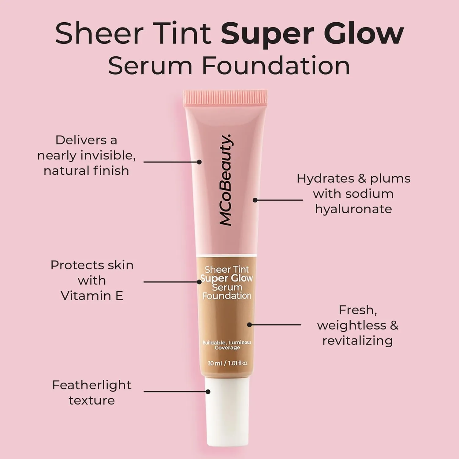 MCoBeauty Super Glow Sheer TINT Serum Foundation 7-8, Ultra-Invisible, Skin Perfecting, Lightweight, with Kiwi Fruit Extract and Shea Butter, Vegan, Cruelty Free Cosmetics