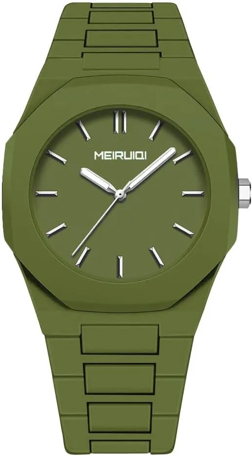 MEIRUIQI Analog Watch, Olive Green, Octagonal Case with Metal Band