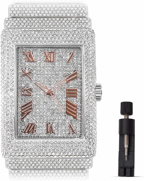 Men's 18K Gold Silver Plated Luxury Watch, Iced Bezel with Roman Numerals, Lab Diamonds, Quartz Movement, Gift Box Included
