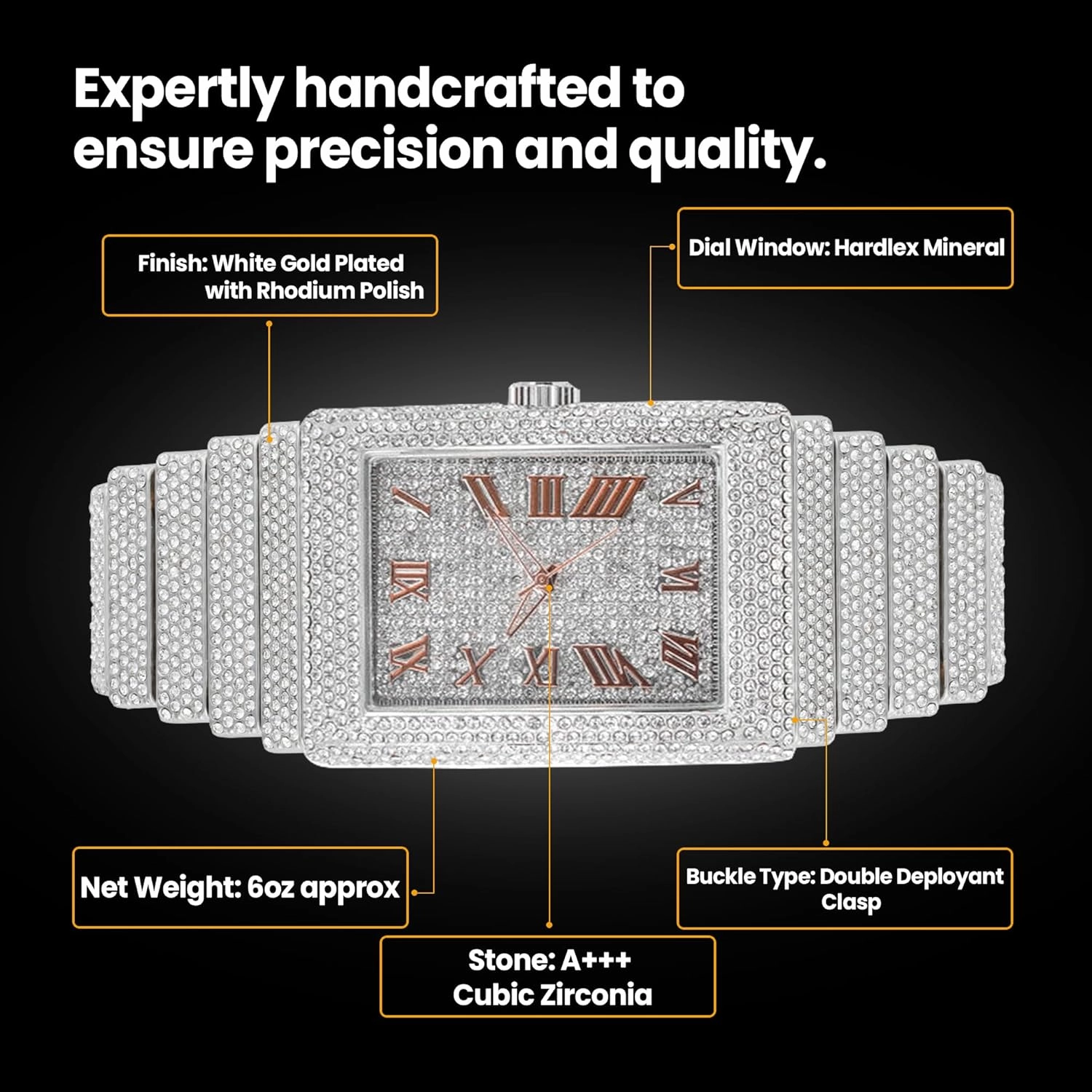 Men's 18K Gold Silver Plated Luxury Watch, Iced Bezel with Roman Numerals, Lab Diamonds, Quartz Movement, Gift Box Included