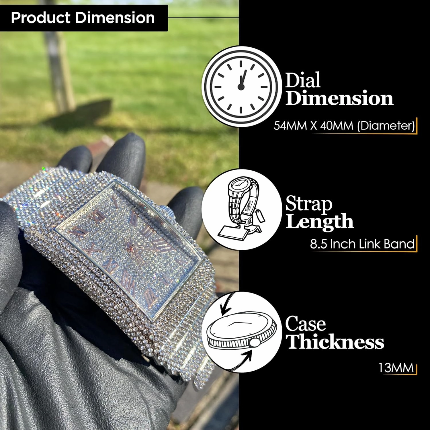 Men's 18K Gold Silver Plated Luxury Watch, Iced Bezel with Roman Numerals, Lab Diamonds, Quartz Movement, Gift Box Included