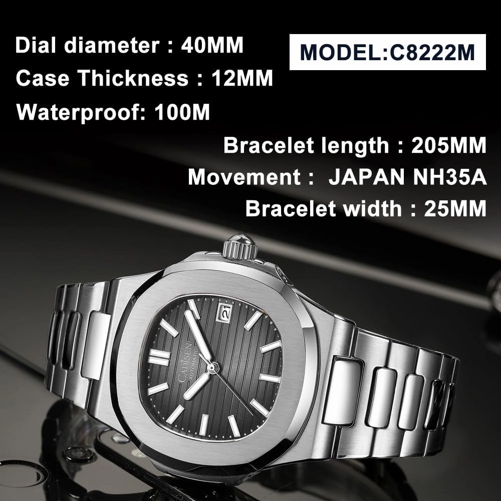 Men's Octagonal Automatic Watch - Mint Green Dial, Sapphire Crystal, Date, 316L Steel Bracelet
