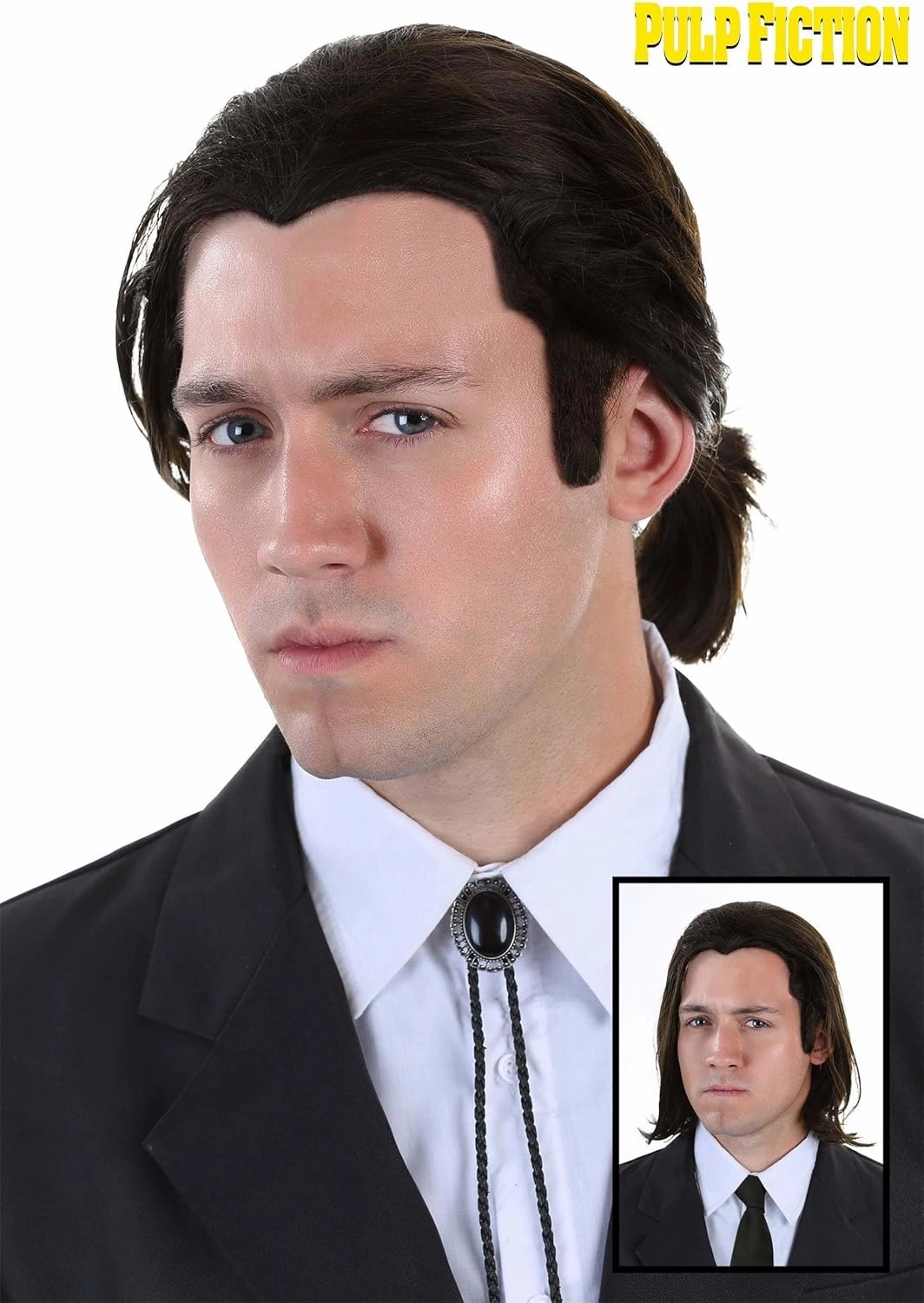 Men's Pulp Fiction Wig and Tie Set Adult Pulp Fiction Vincent Vega Wig and Bolo Costume Set