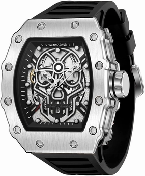 Men's Retro Punk Skull Tonneau Analog Skeleton Sports Watch, Luminous Rubber Strap, Silicone Band