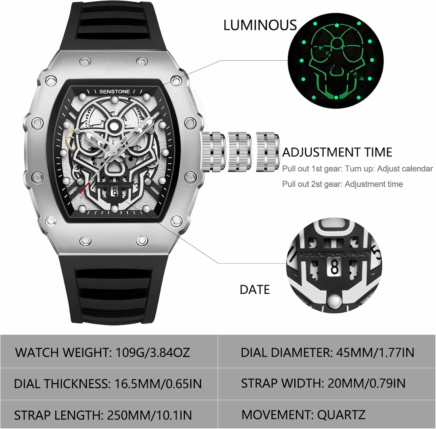 Men's Retro Punk Skull Tonneau Analog Skeleton Sports Watch, Luminous Rubber Strap, Silicone Band
