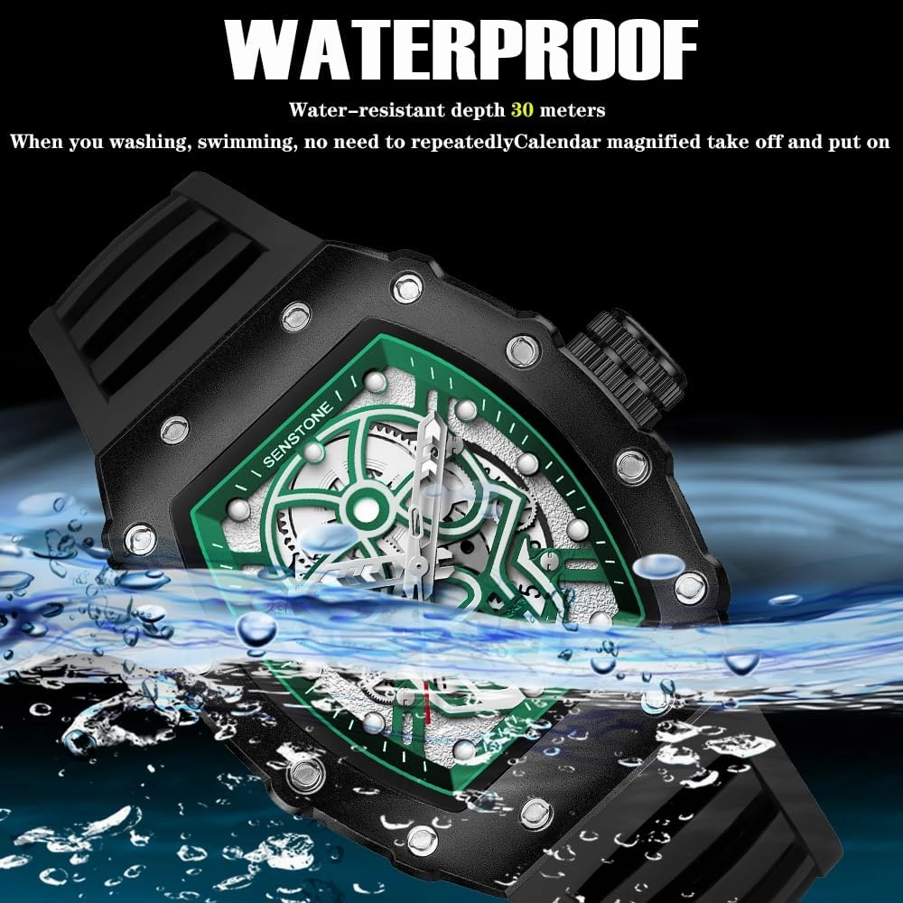 Men's Retro Punk Skull Tonneau Analog Skeleton Sports Watch, Luminous Rubber Strap, Silicone Band