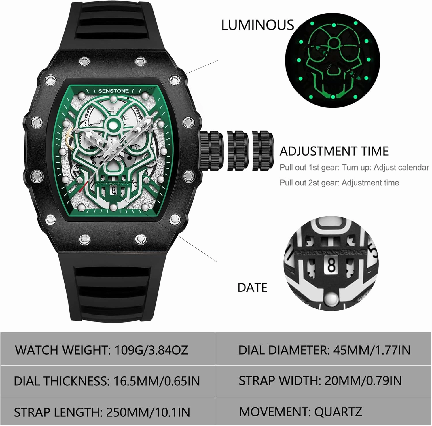 Men's Retro Punk Skull Tonneau Analog Skeleton Sports Watch, Luminous Rubber Strap, Silicone Band