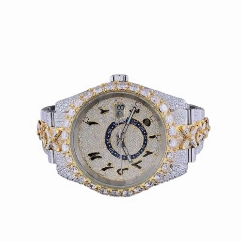 Men's Two-Tone Watch, Iced Out Cross Style, Arabic Numerals Round Dial, Moissanite Diamond Crystal, Silver Band