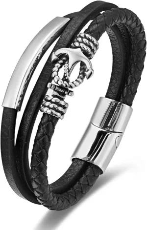 Mens Braided Black Leather Sailor Bracelet with Stainless Steel Silver Anchor Charm, Marine and Nautical Style