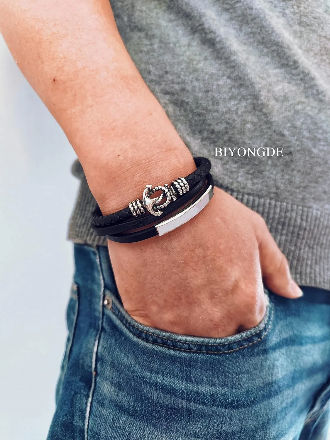 Mens Braided Black Leather Sailor Bracelet with Stainless Steel Silver Anchor Charm, Marine and Nautical Style