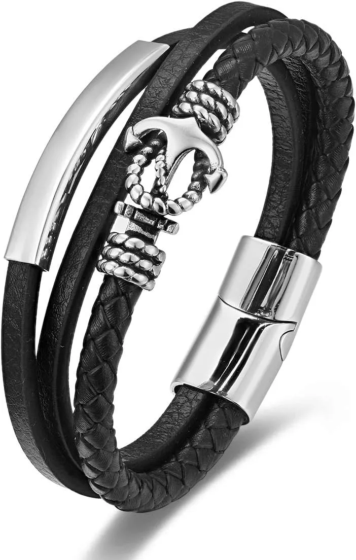 Mens Braided Black Leather Sailor Bracelet with Stainless Steel Silver Anchor Charm, Marine and Nautical Style