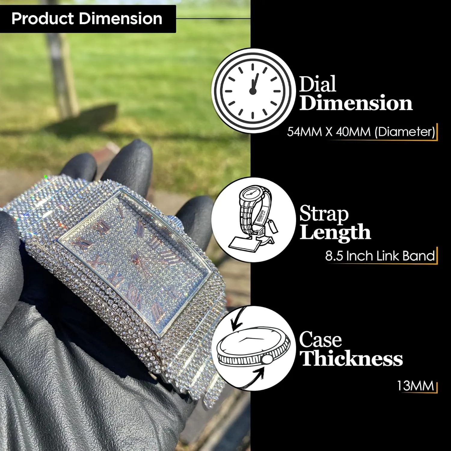 Men's Heavy Iced Out Gold Silver Diamond Rectangle Dial Watch, Cuban Link Luxury Hip Hop Celebrity Bracelet Set