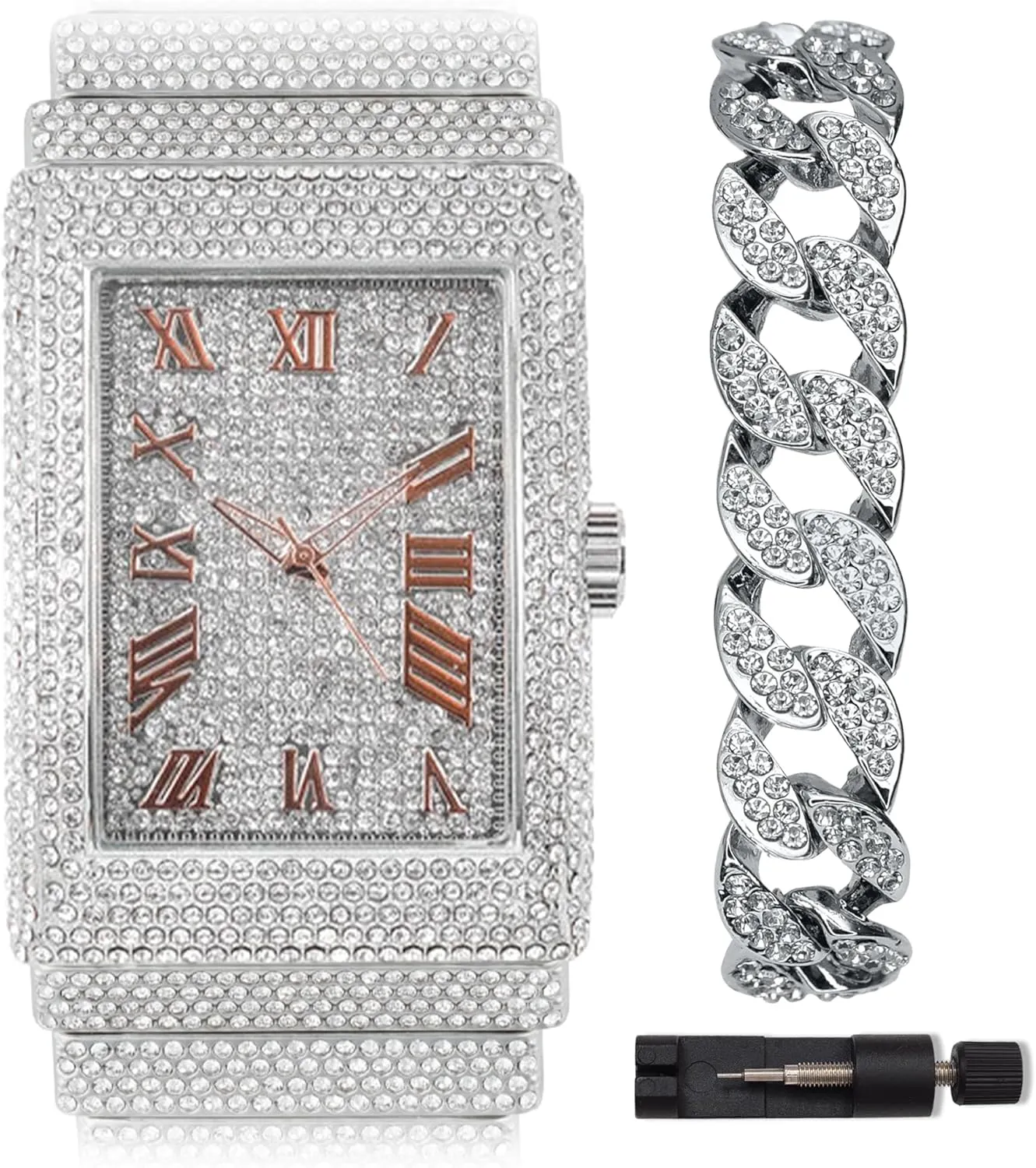 Men's Heavy Iced Out Gold Silver Diamond Rectangle Dial Watch, Cuban Link Luxury Hip Hop Celebrity Bracelet Set