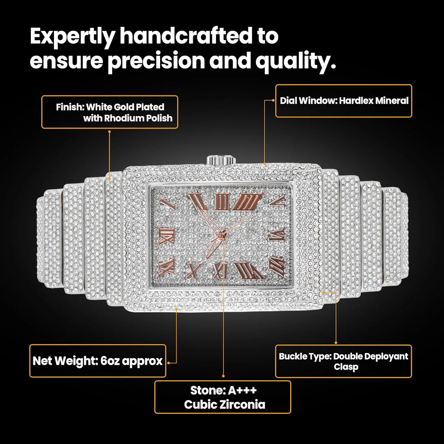 Men's Heavy Iced Out Gold Silver Diamond Rectangle Dial Watch, Cuban Link Luxury Hip Hop Celebrity Bracelet Set