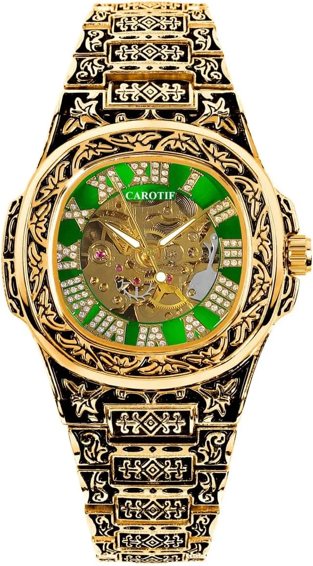 Men's Luxury Skeleton Watch, Gold-Tone with Green Dial, Ornate Band Design