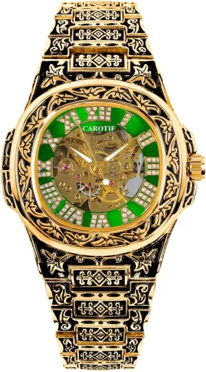 Men's Luxury Skeleton Watch, Gold-Tone with Green Dial, Ornate Band Design