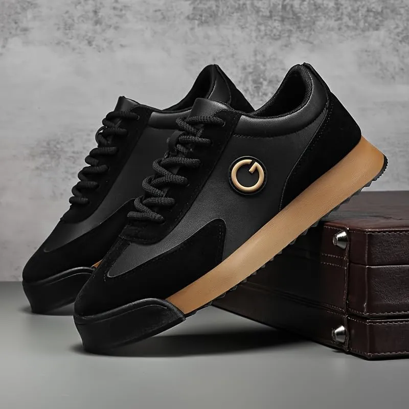 Men's Retro Sneakers - Black & Golden Logo Design, Casual Low-Top Lace-Up Shoes with Orange Accent Sole for Casual Attire and Sports, Versatile Trainers | Laceup Sneakers | Durable Sole