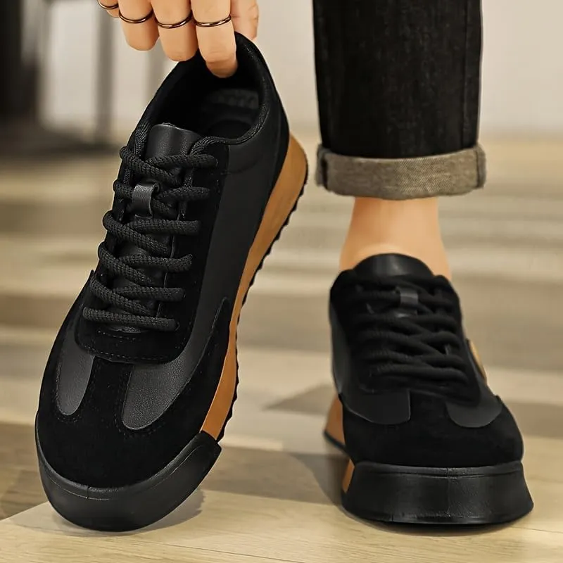 Men's Retro Sneakers - Black & Golden Logo Design, Casual Low-Top Lace-Up Shoes with Orange Accent Sole for Casual Attire and Sports, Versatile Trainers | Laceup Sneakers | Durable Sole