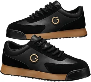 Men's Retro Sneakers - Black & Golden Logo Design, Casual Low-Top Lace-Up Shoes with Orange Accent Sole for Casual Attire and Sports, Versatile Trainers | Laceup Sneakers | Durable Sole