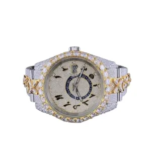 Men's Two-Tone Watch, Iced Out Cross Style, Arabic Numerals Round Dial, Moissanite Diamond Crystal, Silver Band