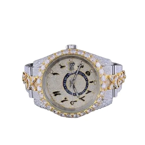 Men's Two-Tone Watch, Iced Out Cross Style, Arabic Numerals Round Dial, Moissanite Diamond Crystal, Silver Band