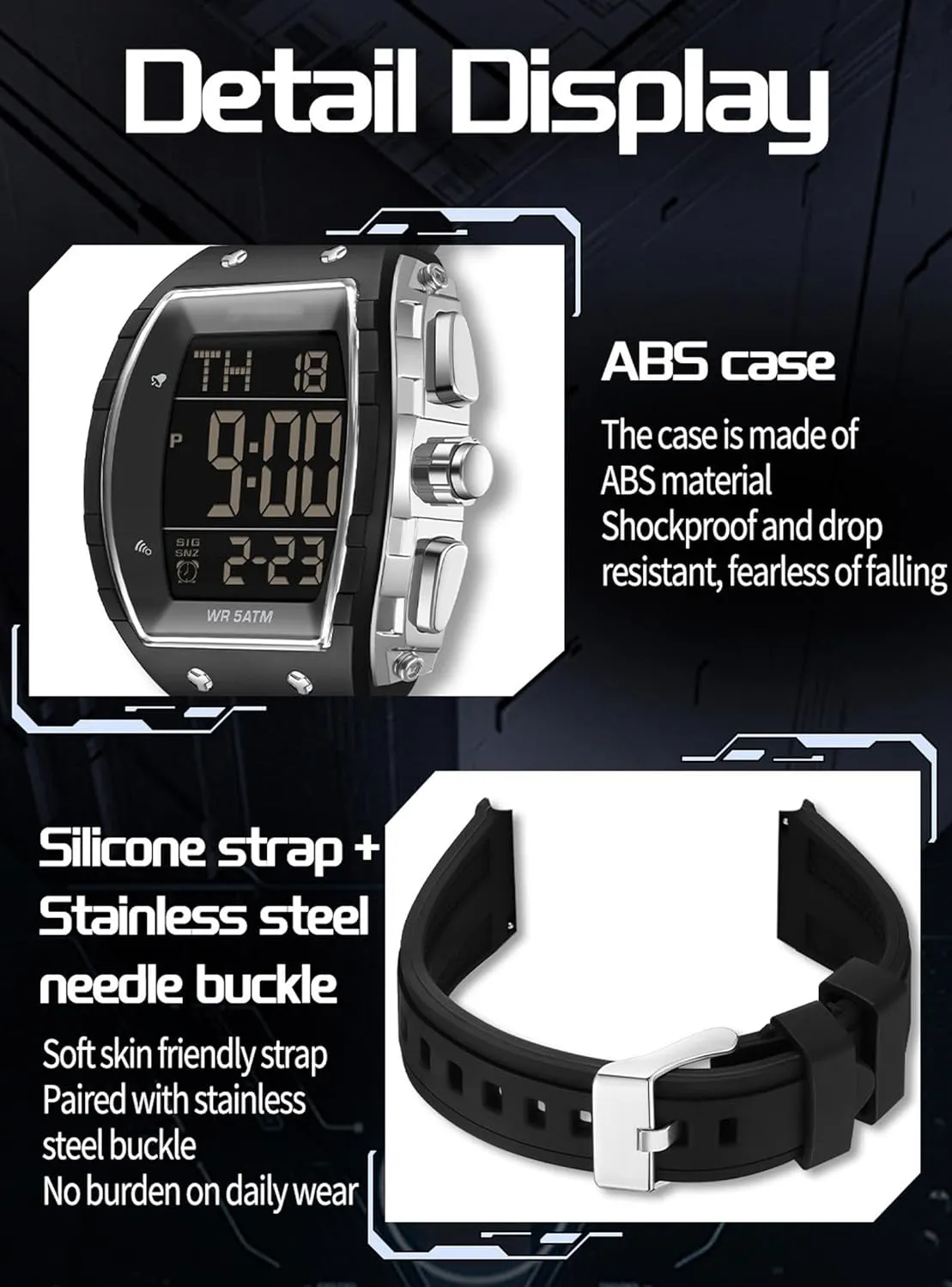Mens Watches Men Digital Watches Dual Time Zone with LED Backlight Alarm Stopwatch Silicone Strap 5ATM Waterproof for Travel/Sport/Business Easy Read Fashion Birthdays Gift for Him