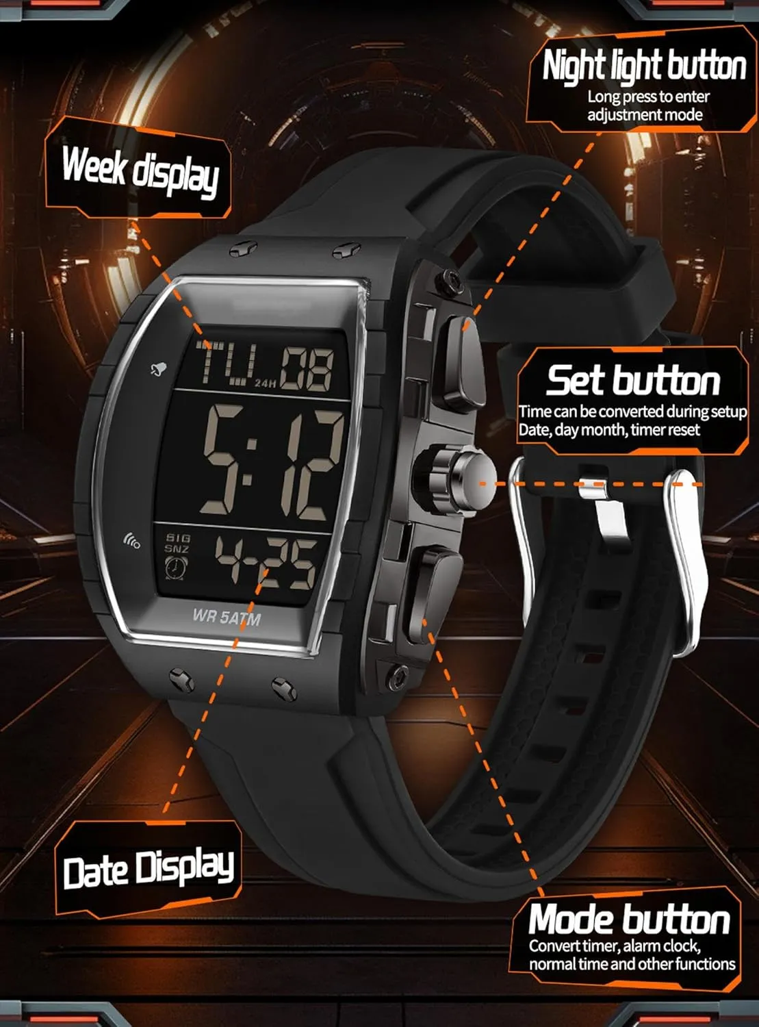 Mens Watches Men Digital Watches Dual Time Zone with LED Backlight Alarm Stopwatch Silicone Strap 5ATM Waterproof for Travel/Sport/Business Easy Read Fashion Birthdays Gift for Him
