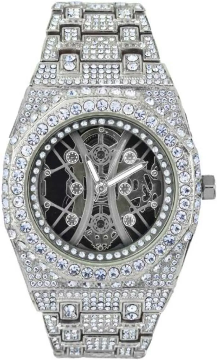 Men's White Gold Plated Full Iced Bling Out Luxury Skeleton Dial King Fashion Lab Diamond CZ Quartz Movement Watch, GiftBox