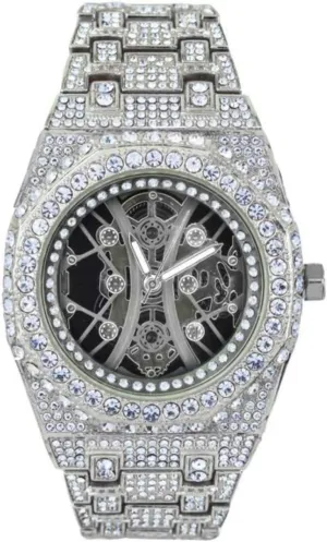 Men's White Gold Plated Full Iced Bling Out Luxury Skeleton Dial King Fashion Lab Diamond CZ Quartz Movement Watch, GiftBox