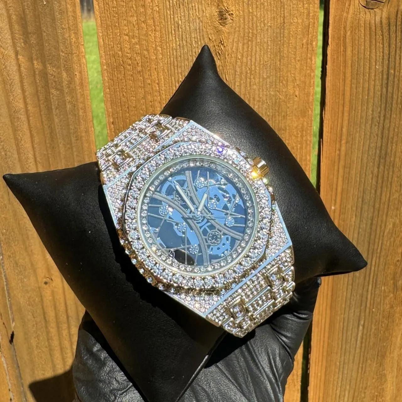 Men's White Gold Plated Full Iced Bling Out Luxury Skeleton Dial King Fashion Lab Diamond CZ Quartz Movement Watch, GiftBox