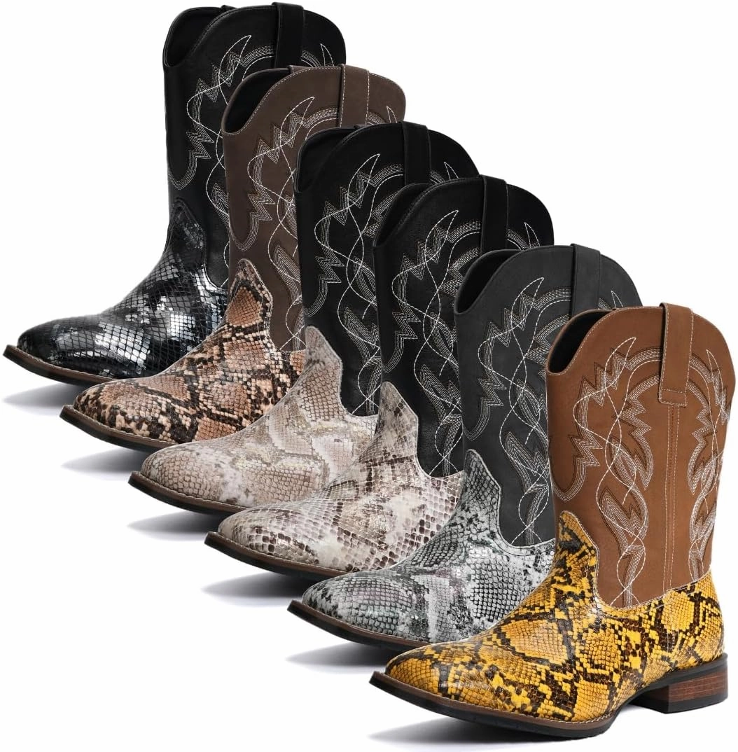 Mens Square Toe Cowboy Boots Faux Snake & Southwestern Embroidery Mid Calf Western Boots Wide Width Available
