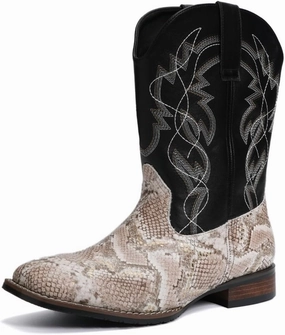Mens Square Toe Cowboy Boots Faux Snake & Southwestern Embroidery Mid Calf Western Boots Wide Width Available