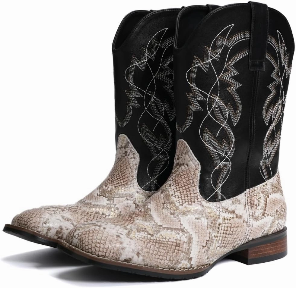Mens Square Toe Cowboy Boots Faux Snake & Southwestern Embroidery Mid Calf Western Boots Wide Width Available