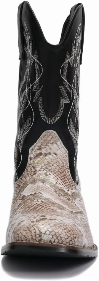 Mens Square Toe Cowboy Boots Faux Snake & Southwestern Embroidery Mid Calf Western Boots Wide Width Available