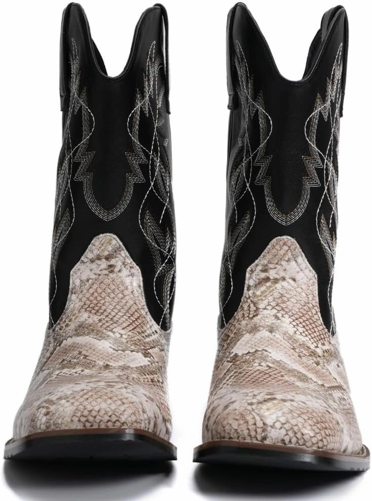 Mens Square Toe Cowboy Boots Faux Snake & Southwestern Embroidery Mid Calf Western Boots Wide Width Available