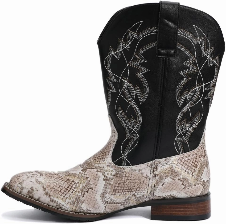 Mens Square Toe Cowboy Boots Faux Snake & Southwestern Embroidery Mid Calf Western Boots Wide Width Available